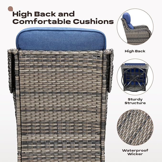 Rilyson Wicker Outdoor Patio Furniture Set - 4 Piece Patio Conversation Set with Swivel Rocker Chairs and Ottomans, 6 inch Cushions, High Back, Deep Seating, for Porch Deck Garden Mixed Grey/Blue