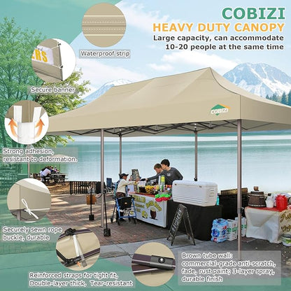 COBIZI 10x30 Heavy Duty Pop Up Canopy with 8 Sidewalls and Hexagonal Legs, Easy up Tent for Parties, Wedding and Commercial, Outdoor Canopy with Carry Bag, Sand Bags, Waterproof & UPF50+ (Khaki)