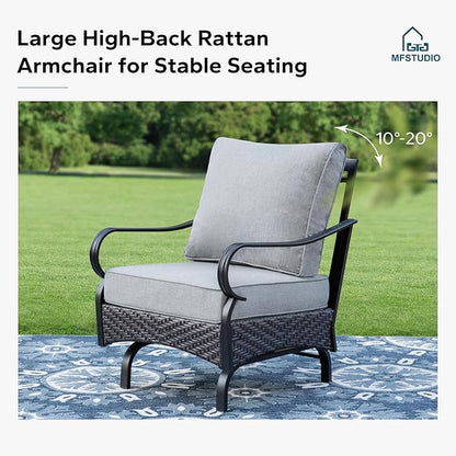 MFSTUDIO 4 Pieces Outdoor Patio Furniture Set, Metal Outdoor Conversation Set, Rattan Wicker Patio Sectional Set with 2 x Rocking Single Sofa, 3-Seat Sofa, 1 x Fire Pit Table, Grey