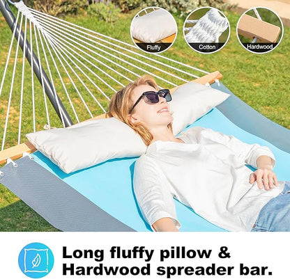 Waterproof Double Hammock with Stand for Outside Heavy Duty, 2 Person 55'' Large Quick Dry Textilene Hammocks with Hardwood Spreader Bar, Pillow, Side Pocket, 475lbs Capacity (Sky Blue)