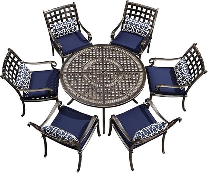 PURPLE LEAF 7 Pieces Patio Dining Set Cast Aluminum Patio Furniture with 6 Armchairs and 47" Round Table, Cushion and Pillow Included, for Lawn Yard Garden Outdoor Dining Set, Navy Blue