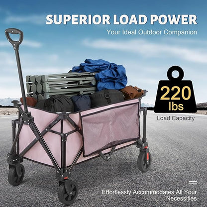 Collapsible Folding Wagon Cart, 220LBS Heavy Duty Foldable Utility Garden Cart with All Terrain Wheels & Side Storage Bag, Portable Sports Wagon for Camping, Shopping, Garden. (Pink)