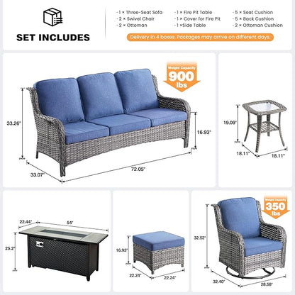 ovios 7 Pieces Patio Furniture Set, Outdoor Wicker Sofa Couch with Swivel Chairs 54" Fire Pit Table, High Back All Weather Modern Conversation Sets, Grey Rattan, Denim Blue