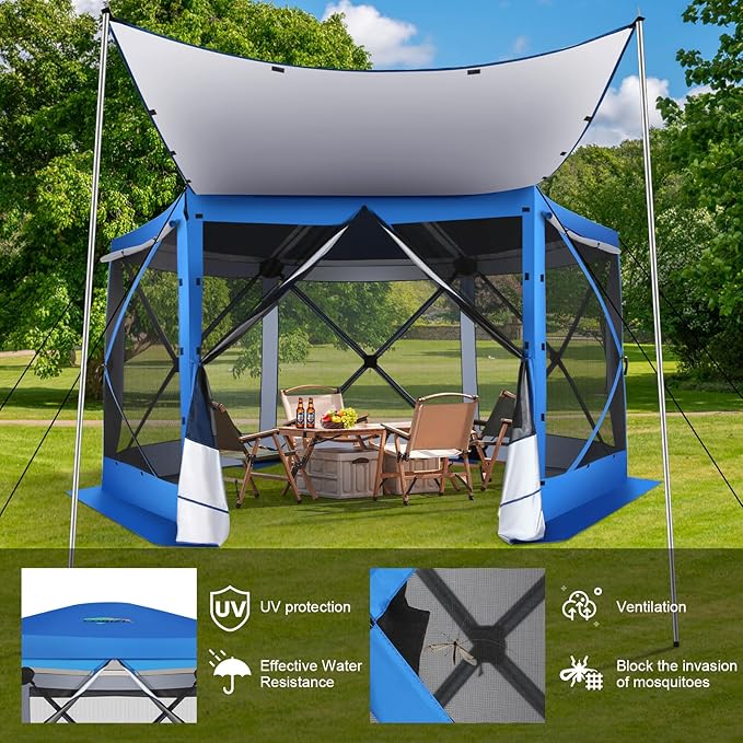 COBIZI 12x12 pop up Gazebo on Clearance Screen Tent for Camping, Scalable Design Outdoor Canopy Tent with Extension Support Poles & sidewalls,with Portable Carrying Bag and Ground Stakes, Blue