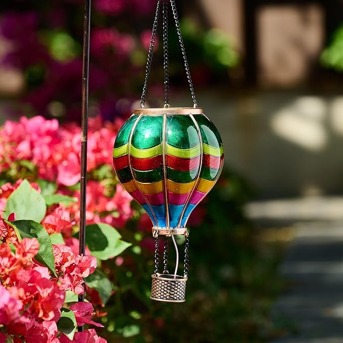 TERESA'S Collections Valentines Day Outdoor Decorations Hot Air Balloon Solar Lantern ,Hanging Flickering Flame Outdoor Lights for Garden Trees Yard, Colorful Lamp Decor for Mom Lovers