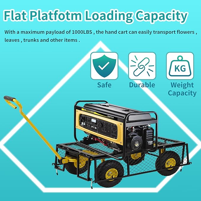 Finnhomy Heavy Duty 1000 Lbs Capacity Mesh Steel Garden Cart, Pullable Garden Wagons Carts on Wheels, Folding Utility Wagon with Removable Sides for Outdoor, Yard, Lawn, Yellow