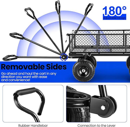 TEANDE Garden Cart, Heavy Duty 880Lbs Capacity Mesh Steel Garden Cart with Removable Sides to Convert into Flatbed, Utility Metal Wagon with 180° Rotating Handle and 10 in Tires, Black