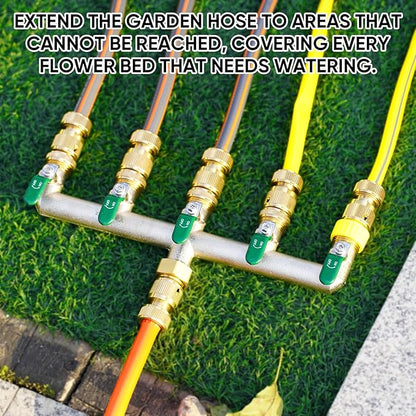 5 Way Garden Hose Splitter, Heavy Duty Brass Nickel Plated Rust Resistant Faucet Manifold, 3/4" Frost Resistant Outdoor Hose Adapter Connector，Hose Spigot Adapter with 5 large Green handles