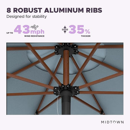 Midtown Umbrellas The Wooden 8 Feet Patio Umbrella With Sunbrella Canvas Haze Acrylic Fabric - Aluminum Frame Market Umbrella For Backyard, Deck, Garden, Pool - Wooden Pole