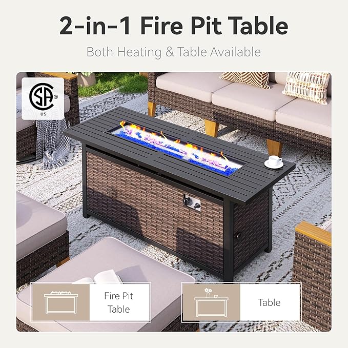GREEN PARTY 9 Pieces Wicker Patio Furniture Set with 56" Fire Pit Table, All-Weather Outdoor Rattan Patio Sectional Sofa Conversation Set 9 Seats with 4" Thick Cushions for Garden, Backyard