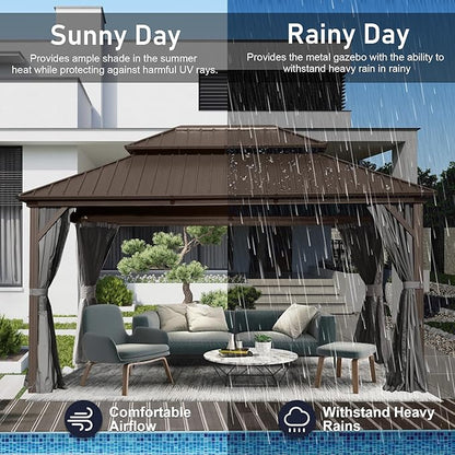 Domi Hardtop Gazebo 10x12FT, Aluminum Outdoor Gazebo with Galvanized Steel Double Roof Canopy, Curtains and Netting Included, Metal Gazebo Permanent Pavilion for Patio, Lawn, Garden, Brown