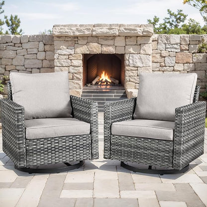 Outdoor Patio Swivel Rocker Chairs - Single Wicker Patio Swivel Rocking Chair with Waterproof Wicker,Comfortable Cushions and Sturdy Metal Frame for Outside Porch Deck Backyard(Mixed Grey/Beige/1PC)