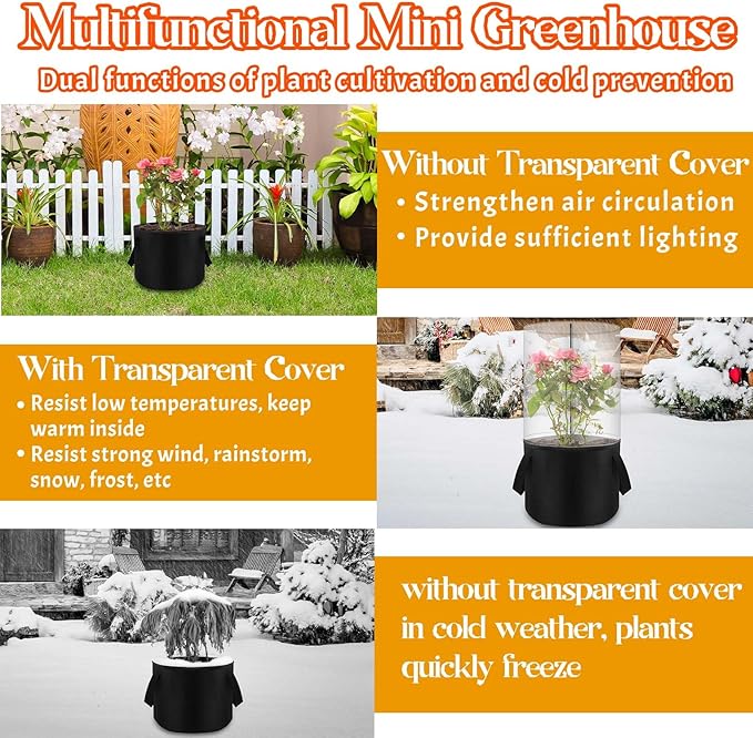 2PCS Mini Plant Greenhouse with Felt Planting Bag Round Planter Winter Garden Pot Covers Transparent Plant Frost Protection Cover with Support Rod for Outdoor Plants or Seedlings, 29.5" X 11.8"