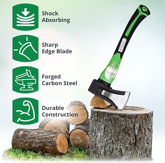 WilFiks Splitting Axe, 15” Camping Hatchet for Chopping and Kindling Wood and Branches, Forged Carbon Steel Hand Maul Tool for Gardening, Fiberglass Shock Reduction Handle with Anti-Slip Grip