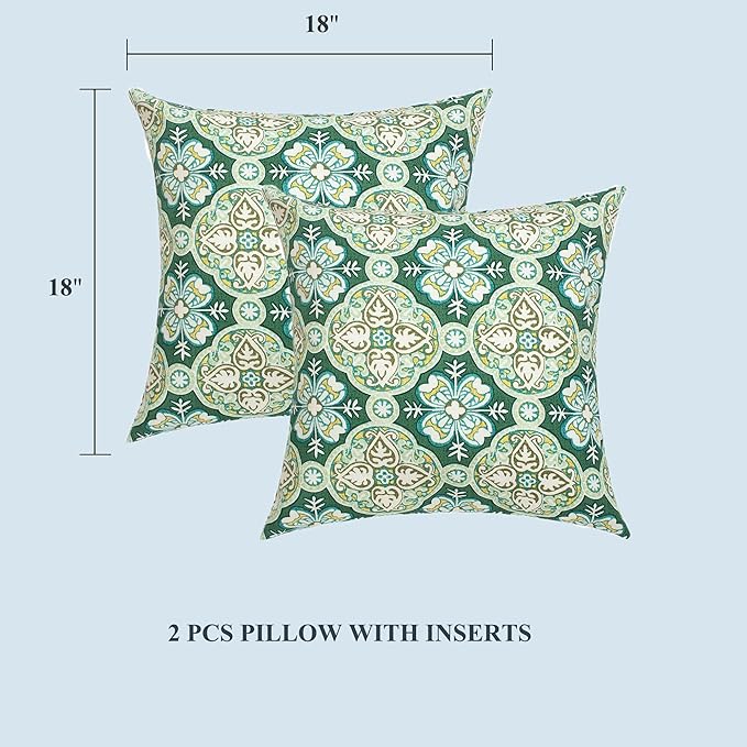 FUNHOME Outdoor Indoor Throw Pillows 18”x18”, Set of 2 Decorative Throw Pillows with Inserts, All Weather Water-Repellent Square Pillows for Bed, Couch, Sofa and Patio Furniture-Green Medal
