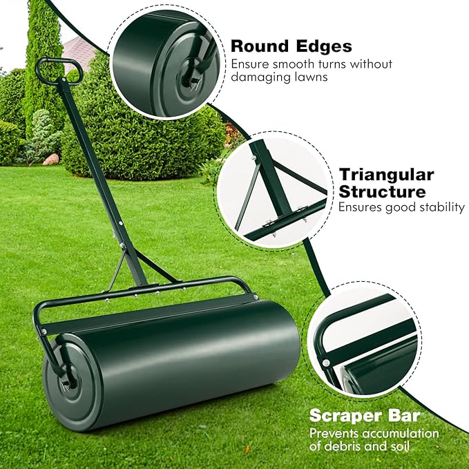 IRONMAX Lawn Roller, 17 Gallons/63 L Manual & Tow-Behind Steel Sod Roller w/Push Pull Handle, Lawn Rollers Tow Behind Water Filled for Yard, Park, Garden, Ball Field (17 Gallons, Green)