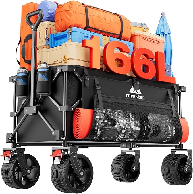 Collapsible Wagon, Foldable Beach Cart with Big Wheels for Sand, Heavy Duty All-Terrain Utility and Garden Cart, Portable Grocery Wagon, 166L Capacity, 450lb Load