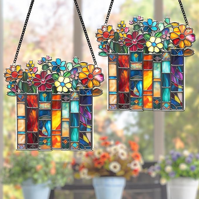 2 Bookaholic Suncatchers, Mountain and Flower Book Acrylic Ornaments Window Hanging, Bookish Librarian Gifts for Fantasy Book Lover Reader Women Accessories Library Bookshelf Decor SC-62-1