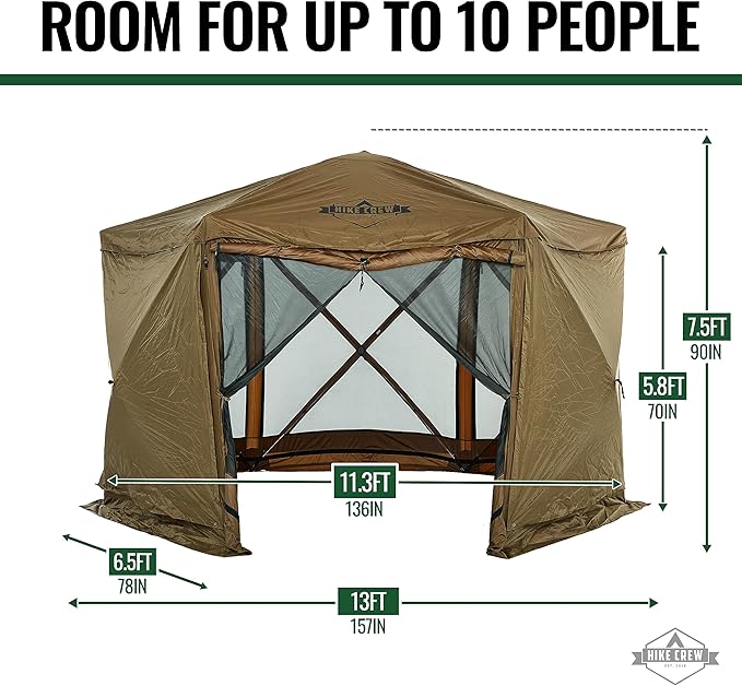 Hike Crew 13’ x 13’ Screened Roof Pop-Up Gazebo Screen Tent | 6-Sided Outdoor Canopy Shelter w/Roof Cover, Built-in Zippered Panels, Built-in Awning, Stakes, Ropes & Carry Bag | UV Resistant SPF 50+