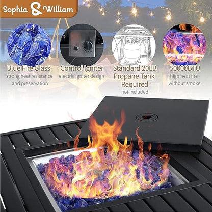 Sophia & William 5 Pieces Outdoor Dining Set with Fire Pit Table, Outdoor Patio Furniture Conversation Set with 4 Chairs & 50,000 BTU Square Propane Firepit Table for Porch Deck