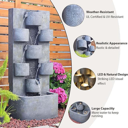 44.8" H Modern Outdoor Water Fountain with LED Lights and Pump, Mutiply-Tier Standing Cascading Waterfall - Modern Design for Garden,Patio,Yard, Multi-Level Outdoor Decor (Gray)
