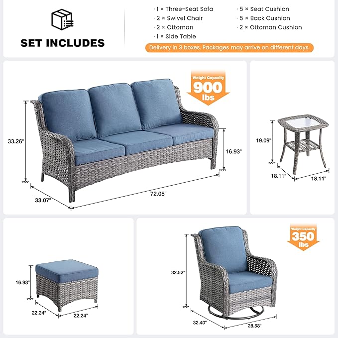 ovios 6 Pieces Patio Furniture Set, Outdoor Wicker Sofa Couch with Swivel Chairs Ottomans Comfy Cushions, High Back All Weather Modern Conversation Sets, Grey Rattan, Denim Blue