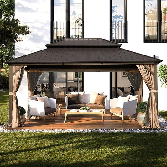 Domi 10' x 14' Hardtop Gazebo Permanent Metal Gazebo with Galvanized Steel Double Roof, Curtains and Netting for Party, Wedding, Outdoor Dining, Patio, Backyard, Brown