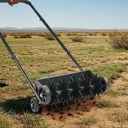 VINGLI Lawn Aerator, 19-Inch Heavy Duty Push Spike Aerator with 4 Wheels, Easy-to-Assemble, 45'' Push Rolling Aerator for Lawm, Yard and Garden(Black)