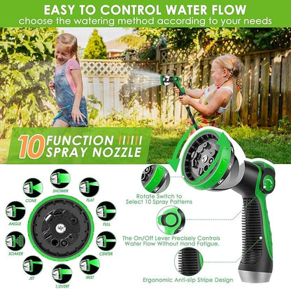 Non-Expandable Garden Hose 100 ft, Ultra Lightweight & Flexible Water Hose With 10-Pattern Spray Nozzle, Full Length Leak-Proof Design, High-Density Fabric & Shut-Off Valve, Hose Straps