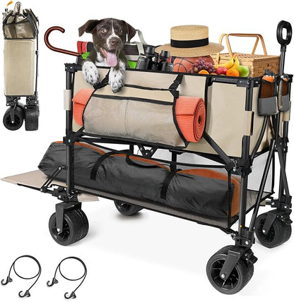 HOPERAN 400L XL Wagons Carts Foldable, 54" Extra Length Double Decker Collapsible Wagon Cart with Tailgate, 8" Big All-Terrain Wheels, 550lbs Load Utility Grocery Cart for Camping,Sports,Beach