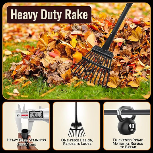 Small Garden Rake for Leaves,11 Tines Heavy Duty Metal Yard Hand Rake with 63in Adjustable Handle,Ideal Leaf Scoops Gardening Tool for Gathering Leaves,Shrub,Poop,Leveling Grass,Garden Flower Bed,Yard