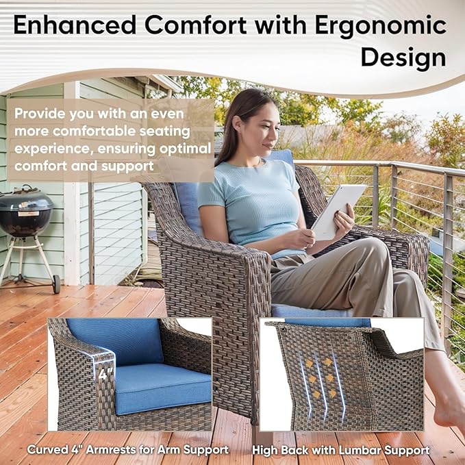 3 Pieces Patio Furniture Set-Wicker Patio Chairs Set of 2 with Tempered Glass End Table Outdoor Patio Chairs for Deck Balcony Poolside Backyard-Brown/Blue