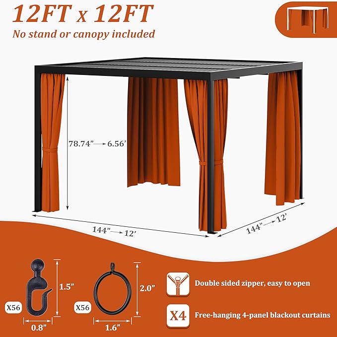 Gazebo Universal Replacement Privacy Curtain,12'×12' Gazebo Outdoor Waterproof Curtains, 4-Panels Sidewall Curtains with Double Zipper for Patio Canopy, Garden and Backyard (Curtain Only)