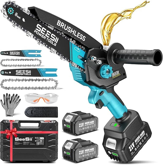 Mini Chainsaw Cordless Battery Powered: 8 inch & 6 inch Electric Chain Saw with 2 Pack 4000mA Batteries, Handheld Saw for Trees Branches Trimming Wood Cutting, Gardening Tools for Dad Husband Men