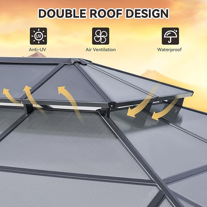 Aoxun 12'x20' Hardtop Gazebo, Aluminum Frame Permanent Pavilion with Curtains and Netting, Outdoor Polycarbonate Double Roof Canopy, Designed for Patio, Garden, Lawns (Gray)