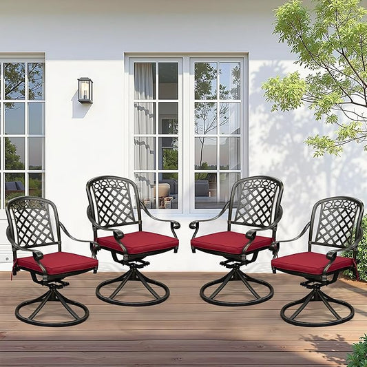 Set of 4 Cast Aluminum Patio Chairs with Cushions, All-Weather Aluminum Outdoor Swivel Chairs, Metal Outdoor Rocking Chairs for Backyard, Poolside and Bistro (Red, 4 Pieces)