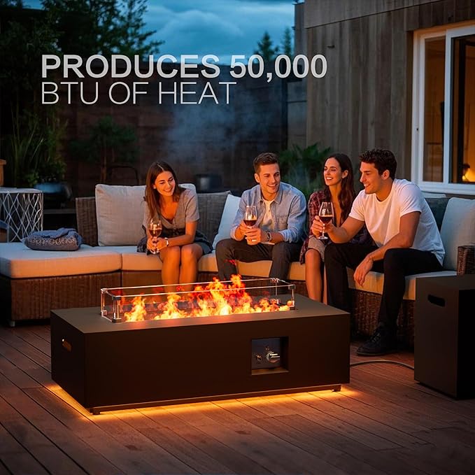 42" Outdoor Fire Pit Table, 50,000 BTU Gas Fire Pit with Glass Wind Guard, Fire Stones, Waterproof Cover, Propane Fire Pit Table for Outside Patio (Warm Light, Black)