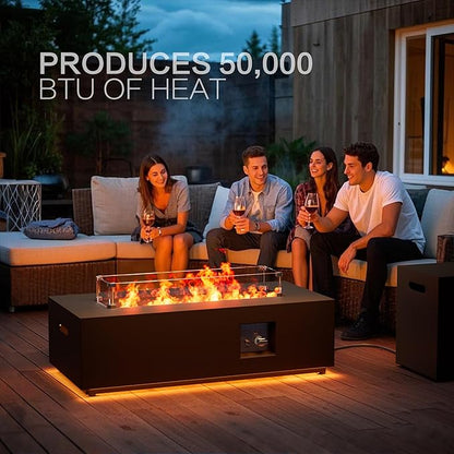 42" Outdoor Fire Pit Table, 50,000 BTU Gas Fire Pit with Glass Wind Guard, Fire Stones, Waterproof Cover, Propane Fire Pit Table for Outside Patio (Warm Light, Black)