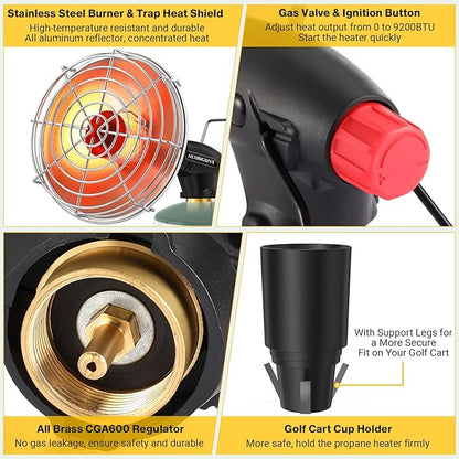 Golf Cart Heater,9200BTU Outdoor Portable Propane Camping Heater with Golf Cart Cup Holder & Self Ignition for EZGO Yamaha Club Car,Most Golf Cart - Fuel Cylinder not included