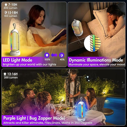 Bug Zapper Outdoor with Colorful Lighting and Auto-Sensing, 3 in 1 Cordless 4000mAh Battery Electric Fly Trap, Rechargeable Mosquito Zapper for Camping, Patios, Garden, Kitchen (1Pack-Grey)