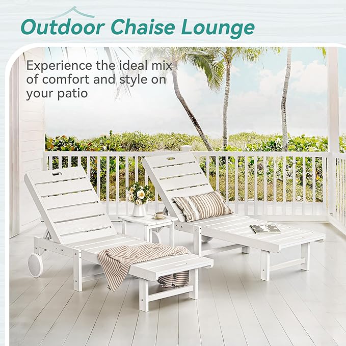 Outdoor Chaise Lounge Chairs with Table, 6-Piece, 26.8” Super Wide Lounge Chair Outdoor, HDPS Pool Chairs with 5 Positions, Patio Lounge Chair with Wheels for Pool,Lawn,Backyard, White