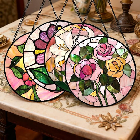 Stained Glass Window Hanging 4 Pcs Set Pink Floral Theme 9.8" - Flowers Suncatcher Door Garden Sun Catcher Decor Birthday Christmas for Mom Woman Nana Men Friend
