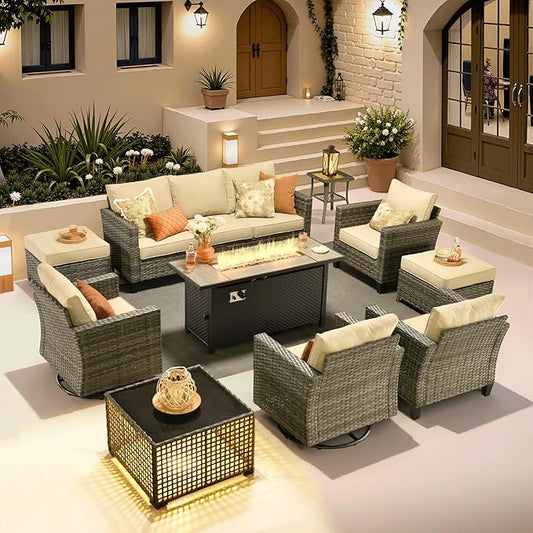 ovios 10 Pieces Patio Furniture Set with Swivel Chairs Rocking Gliders, 54" Fire Pit Table, Outdoor Sofa Couch with Solar Lights Table, Modern Deep Seat Wicker Rattan Conversation Set, Beige
