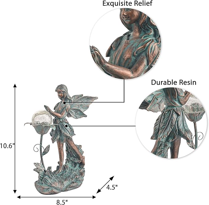 TERESA'S COLLECTIONS Garden Fairy Large Bronze Garden Sculptures & Statues Resin with Solar Outdoor Light, Valentines Decorations Lawn Ornaments for Outdoor Decor, Gifts for Women Mom, 10.6"