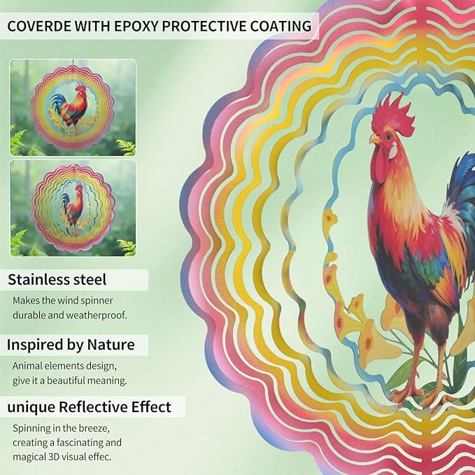 Wind Spinners Outdoor Chicken - Birthday Gifts for Women Mom Wife Grandma, Hanging Wind Sculptures Wind Spinners, 12 inch 3D Wind Spinner for Garden Decor for Outside, Garden, Patio, Yard, Outdoor
