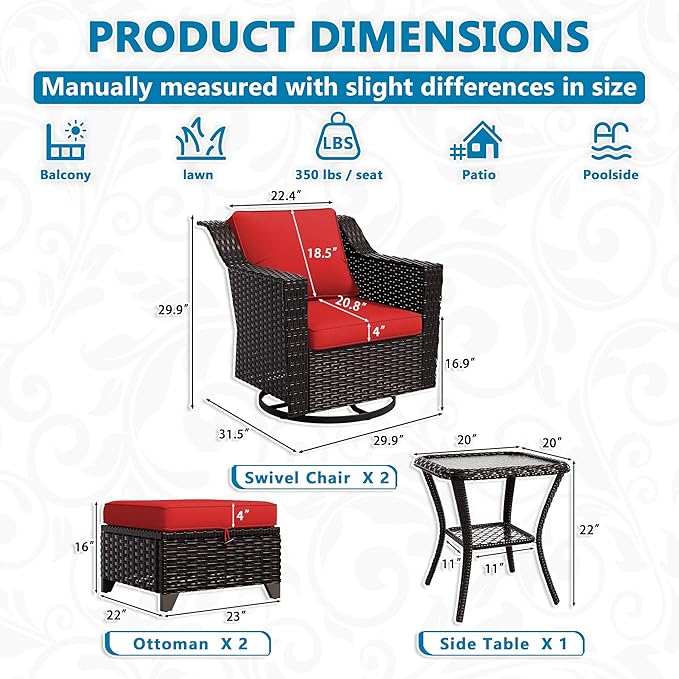 Vista Vibe 5 Pieces Outdoor Rattan Patio Conversation Furniture Set - 360 Degree Swivel Glider Rocker Chairs | Coffee Table | 2 Wicker Ottomans, Premium & Washable Cushions, Terrace (Brown/Red)