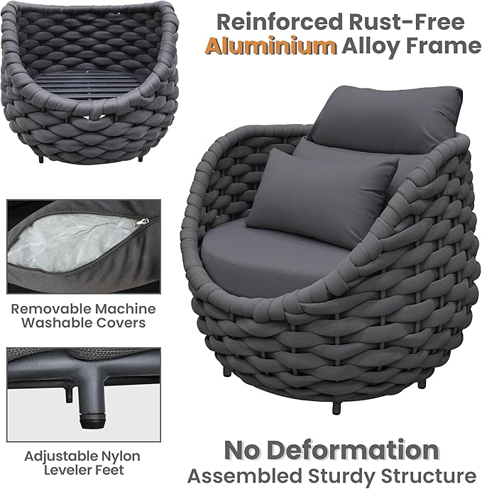 2 PCS Front Porch Accent Chair: Aluminum Woven Rope Armchair Assembled - Cushioned Patio Single Chair w/Arms Modern - All Weather Balcony Furniture for 400lbs Outdoor Yard Deck Hotel, Dark Gray