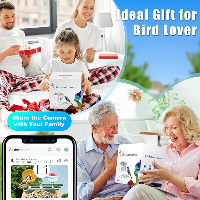 Smart Bird Feeder with Camera with AI Identify Birds Species & Solar Panel, WiFi Birdfeeder with Cam, 2K Live View, Chew-Proof & Waterproof Design, Real-Time App Alerts, Gift for Bird Lovers, Black
