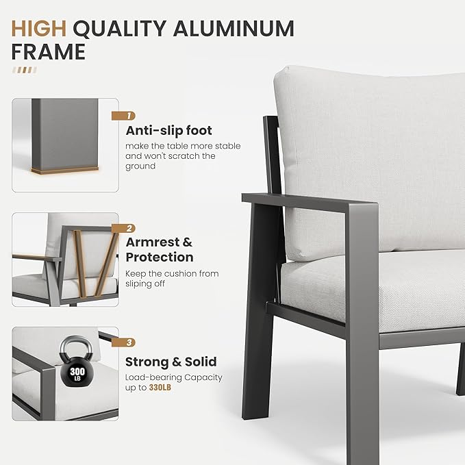 7 Seats Patio Conversation Set, Aluminum Outdoor Furniture Set Sectional Sofa with Upgrade Cushion and Coffee Table for Balcony, Porch,Garden,Backyard
