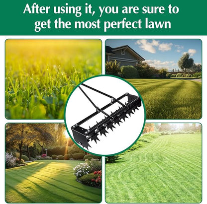 Lasnten 32 Inch Tow Behind Spike Aerator Soil Penetrator Spikes Tractor with Galvanized Steel Tines and Wide Tow Bar Black Lawn Aerator for Home Yard Farm Use